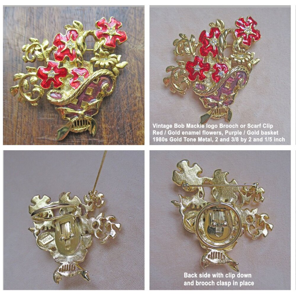 VTG Bob Mackie logo Brooch or Scarf Clip, Red/Gold flowers, Purple/Gold basket